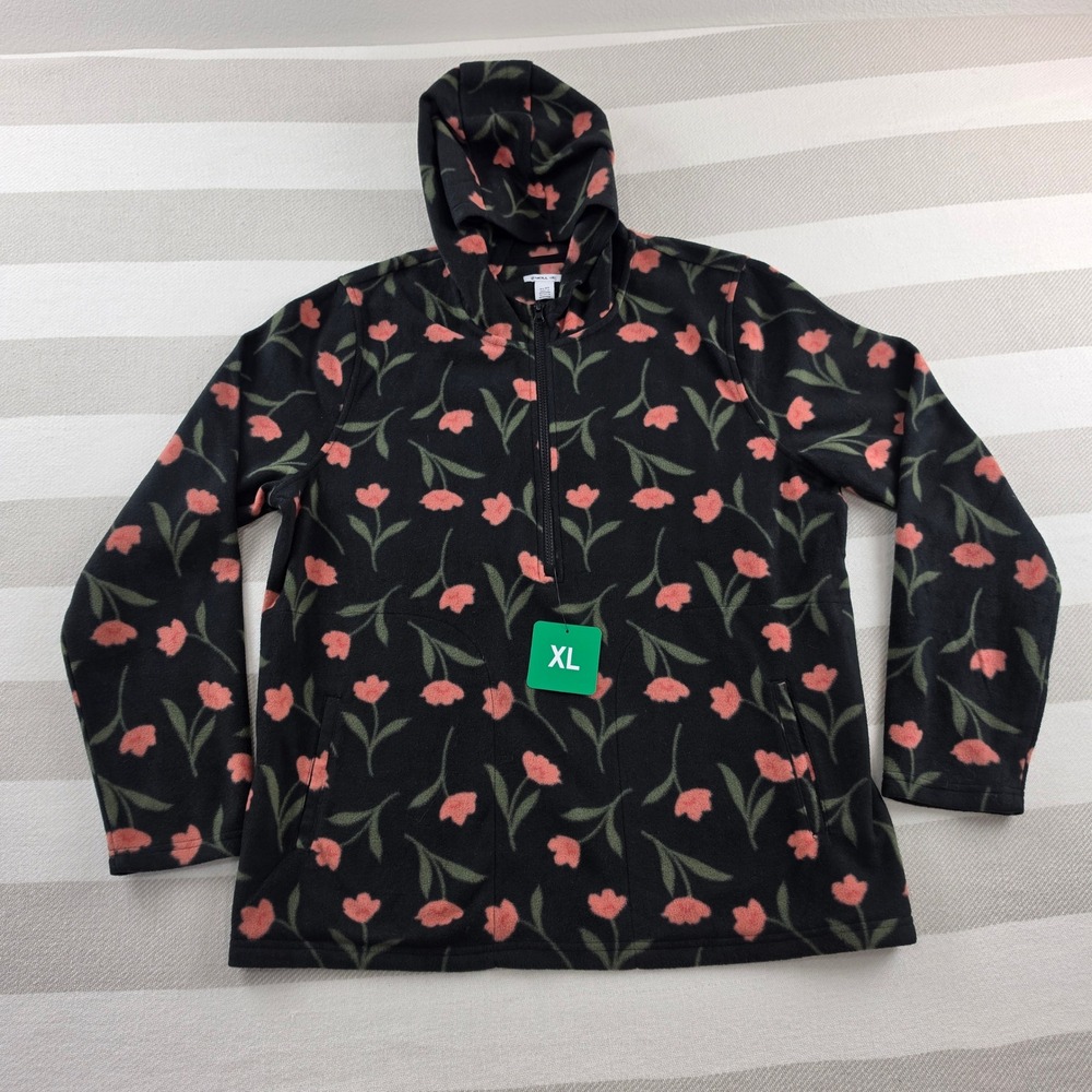 O'Neill Floral Fleece Hoodie Women XL Black NWT Half Zip Pullover